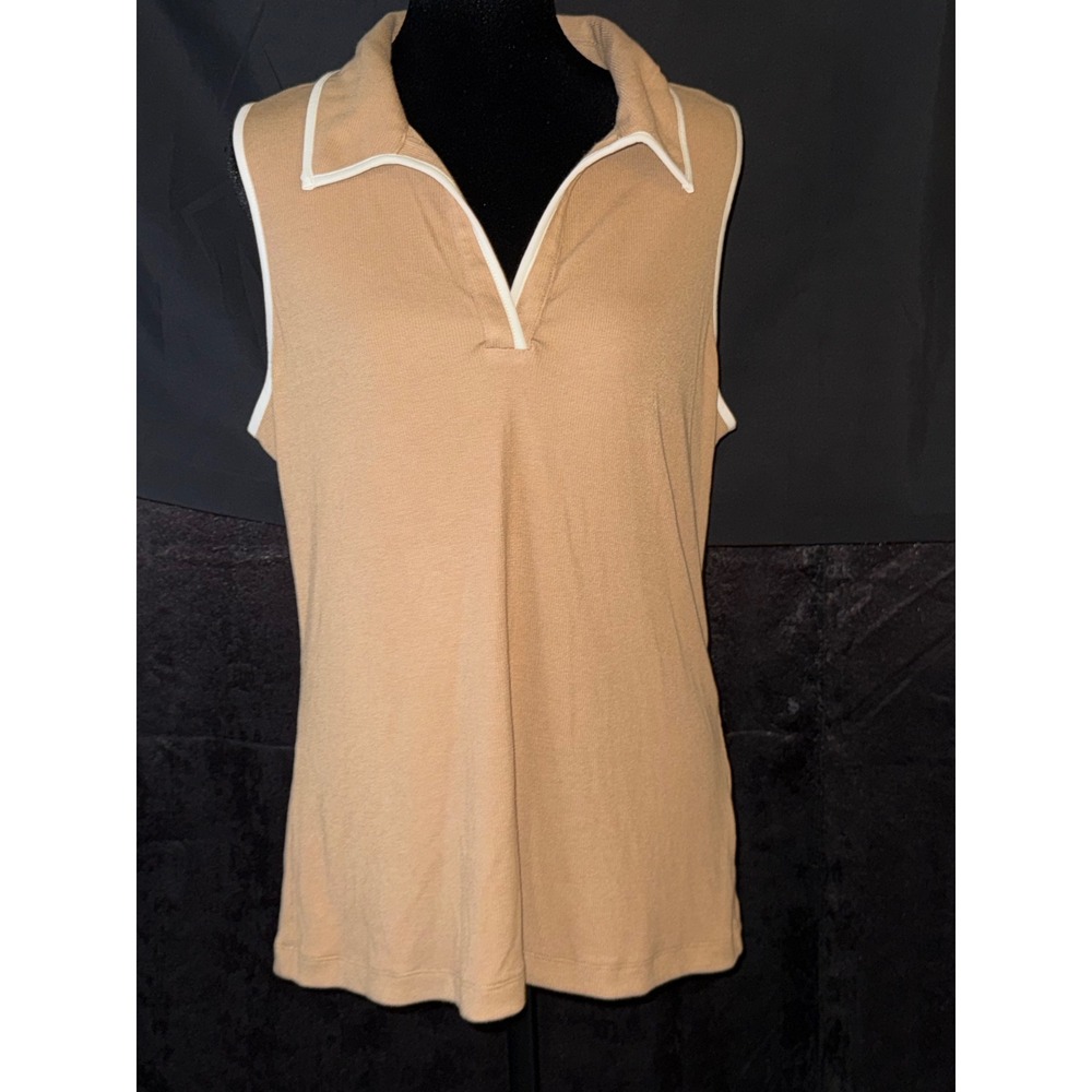 Lands' End Womens XL Tan Ribbed Sleeveless V-Neck Polo Top White Trim Contrast